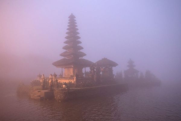 Indonesia-Bali Foggy sunset on Pura Ulun Danu temple on Lake Bratan